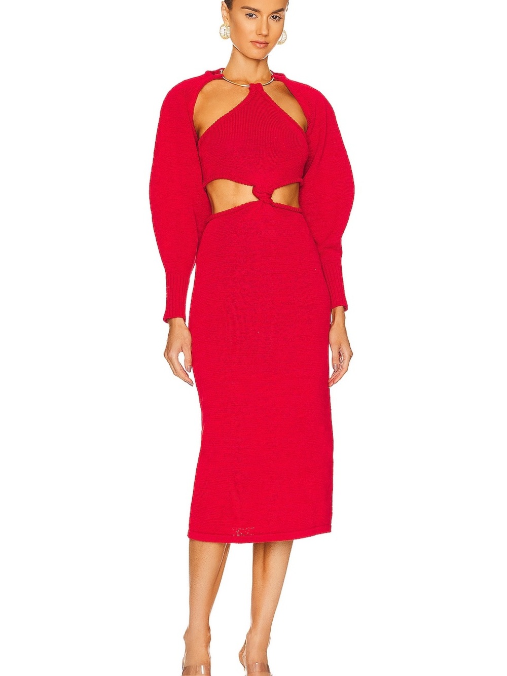 cult gaia Red Cutout Midi Dress with Balloon Sleeves